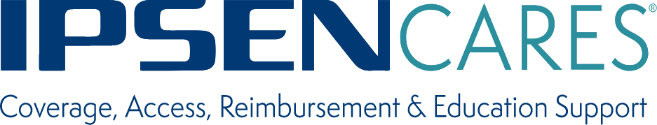 Logo and contact information for IPSEN CARES® (Coverage, Access, Reimbursement & Education Support).