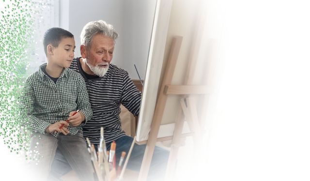 Man with metastatic pancreatic cancer painting at an easel with grandson. Safety and effectiveness of ONIVYDE have not been established in pediatric patients.