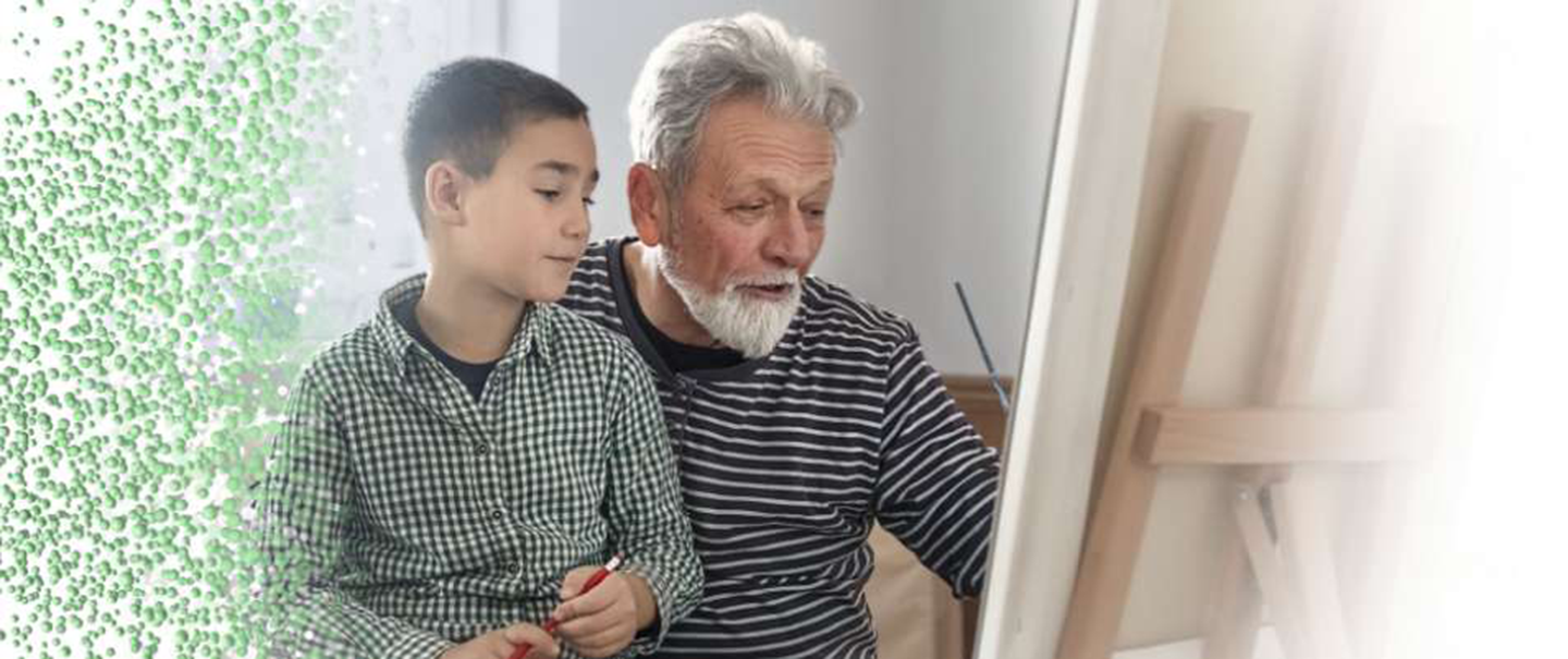 Man with metastatic pancreatic cancer painting at an easel with grandson. Safety and effectiveness of ONIVYDE have not been established in pediatric patients.