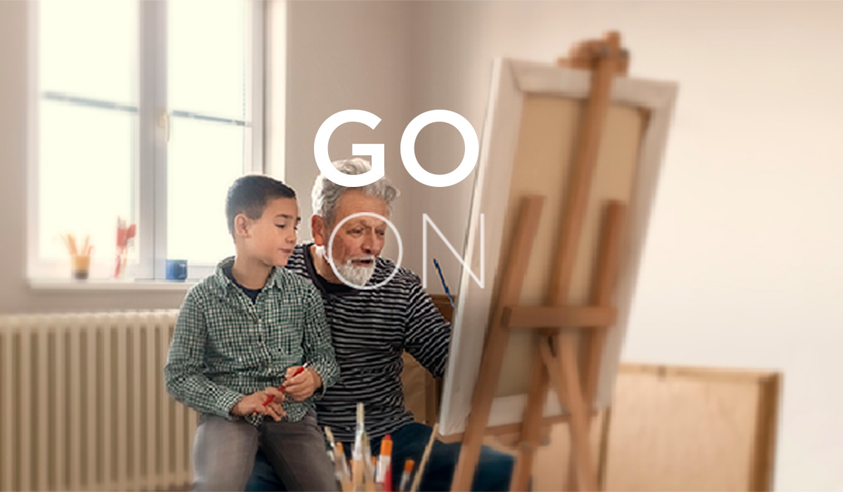 Man with metastatic pancreatic cancer painting at an easel with grandson. Safety and effectiveness of ONIVYDE have not been established in pediatric patients.